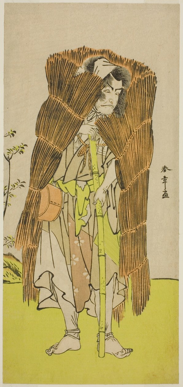 Skådespelaren Ichikawa Ebizo III som Akushichibye Kagekiyo förklädd till en tiggare i pjäsen Kamuri Kotoba Soga no Yukari, framförd på Ichimura-teatern under den första månaden, 1776 av Katsukawa Shunsho