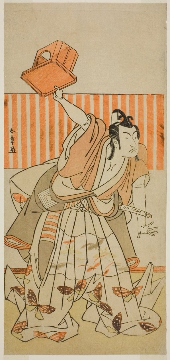 Skådespelaren Ichikawa Monnosuke II som Ageha no Chokichi förklädd till Soga no Goro Tokimune i pjäsen Kaido Ichi Yawaragi Soga, framförd på Nakamura Theatre under den tredje månaden, 1778 av Katsukawa Shunsho