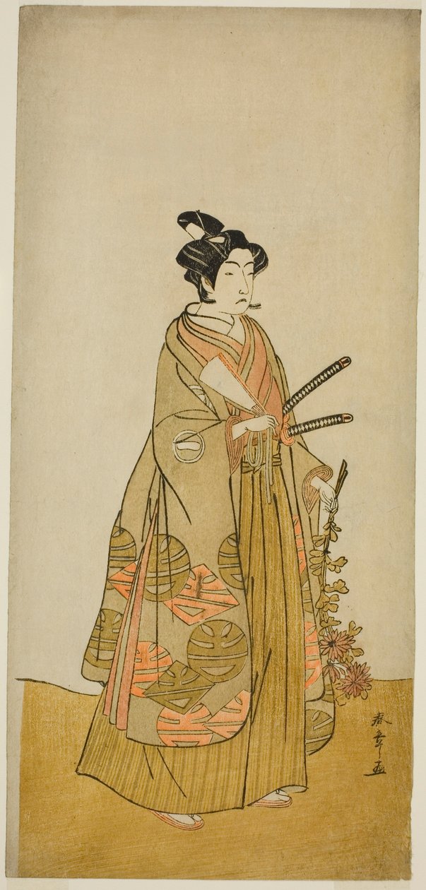 Skådespelaren Ichikawa Monnosuke II som Kichisaburo, Temple Page of Kichijo-ji, i pjäsen Sono Kyodai Fuji no Sugatami, framförd på Morita Theatre i den andra månaden, 1776 av Katsukawa Shunsho