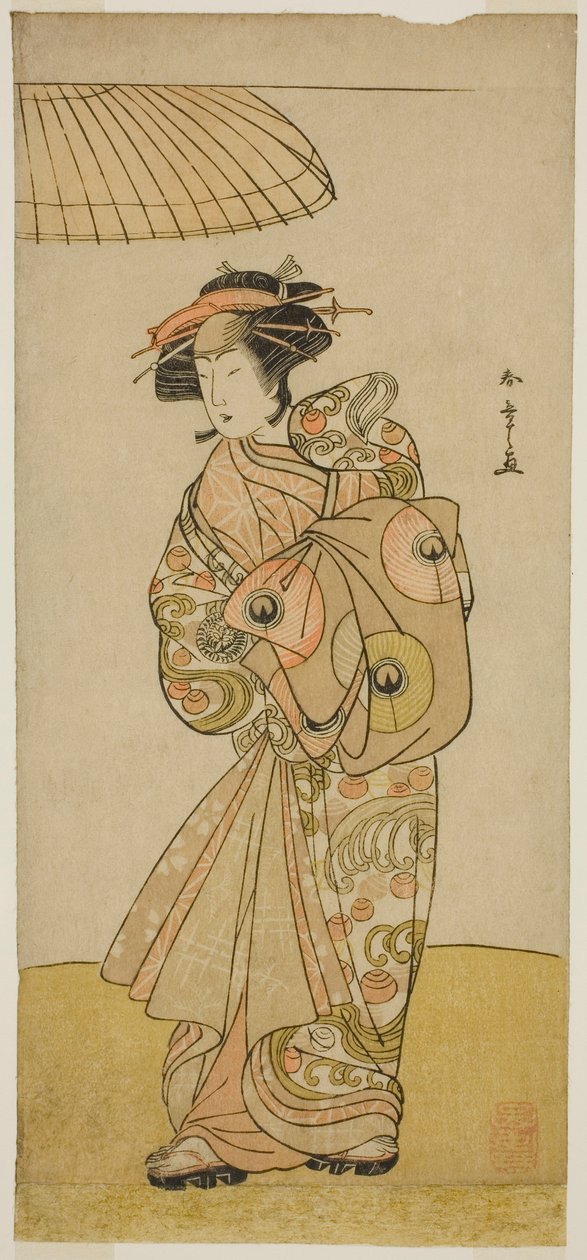 Skådespelaren Ikushima Daikichi III som kurtisan Naniwazu i pjäsen Saki Masuya Ume no Kachidoki, framförd på Ichimura-teatern under den elfte månaden, 1777 av Katsukawa Shunsho