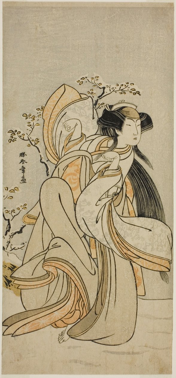 Skådespelaren Iwai Hanshiro IV som Kojoro-gitsune av Hakata i pjäsen Hikitsurete Yagoe Taiheiki, framförd på Morita Theatre i den elfte månaden, 1776 av Katsukawa Shunsho