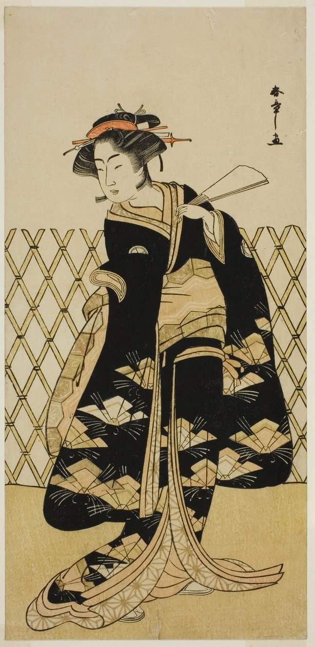 Skådespelaren Iwai Hanshiro IV som Mitsuogiya Usukumo i pjäsen Shida Choja-bashira, framförd på Nakamura Theatre i den åttonde månaden, 1781 av Katsukawa Shunsho