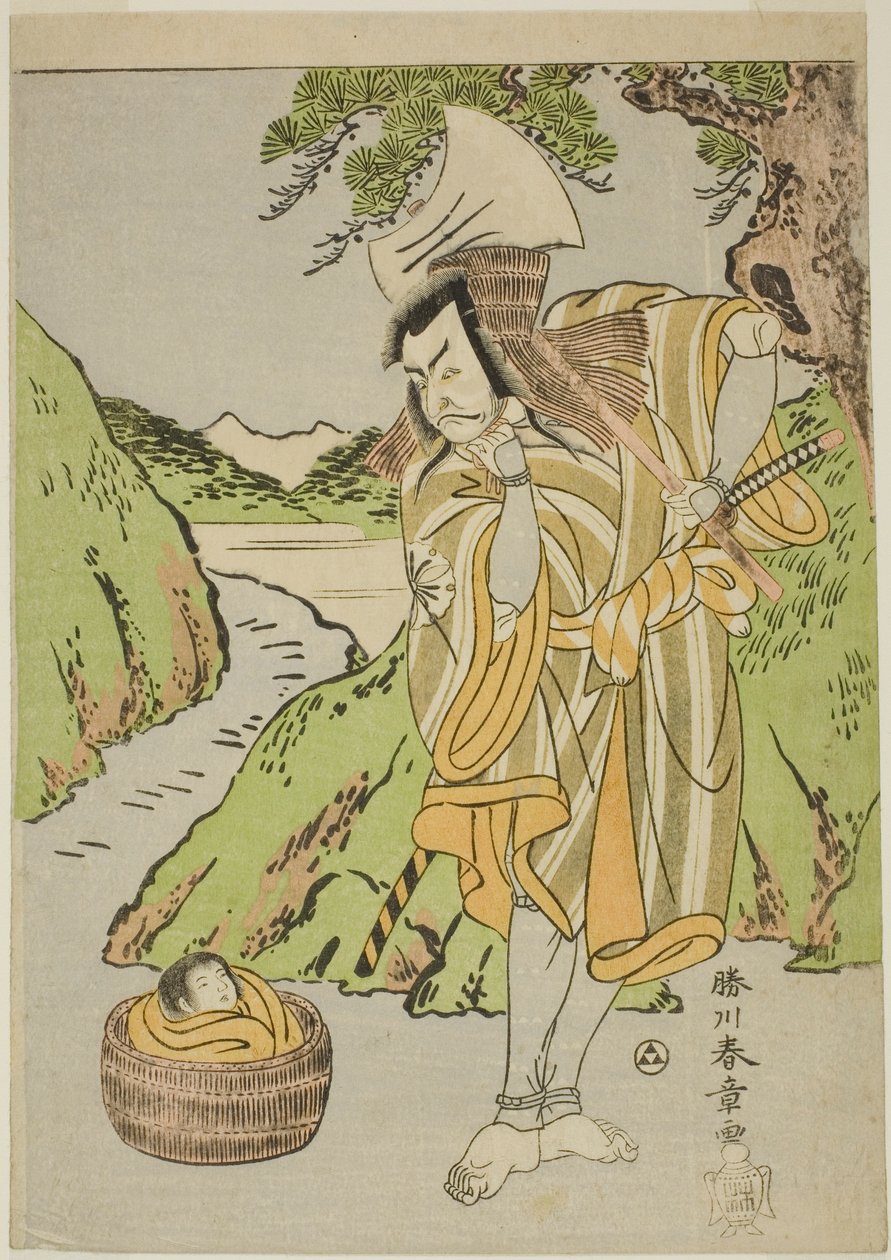 Skådespelaren Matsumoto Koshiro II som Osada no Taro Kagemune förklädd som vedhuggaren Gankutsu no Gorozo, i fjärde akten (?) av pjäsen Nue no Mori Ichiyo no Mato (Nue-monstrets skog: Elfte månadens mål), framförd på Nakamura Theatre från av Katsukawa Shunsho