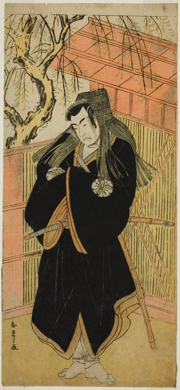 Skådespelaren Matsumoto Koshiro IV som Matsuo-maru (?) i pjäsen Sugawara Denju Tenarai Kagami (?), framförd på Nakamura-teatern (?) den fjärde månaden, 1779 (?) av Katsukawa Shunsho