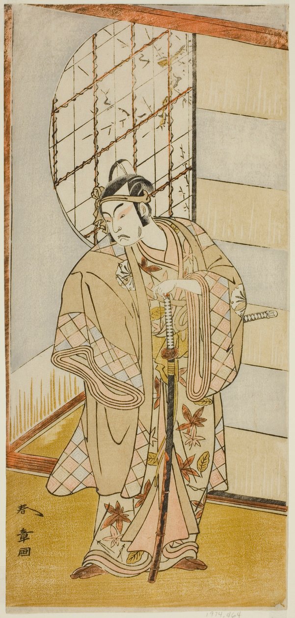 Skådespelaren Matsumoto Koshiro IV som Matsuo-maru i pjäsen Sugawara Denju Tenarai Kagami, framförd på Nakamura Theatre under den nionde månaden, 1773 av Katsukawa Shunsho