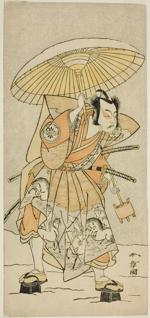 Skådespelaren Nakamura Juzo II som Kajiwara Genta Kagetoki i pjäsen Izu-goyomi Shibai no Ganjitsu, framförd på Morita Theatre i elfte månaden, 1772 av Katsukawa Shunsho