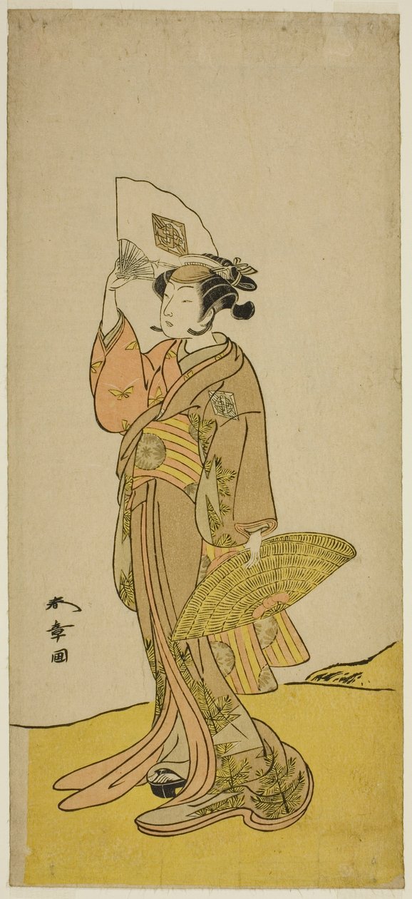 Skådespelaren Nakamura Matsue I som Kasaya Sankatsu (?) i pjäsen Hana no Gosho Konegen Butai (?), framförd på Nakamura-teatern (?) den åttonde månaden, 1772 (?) av Katsukawa Shunsho