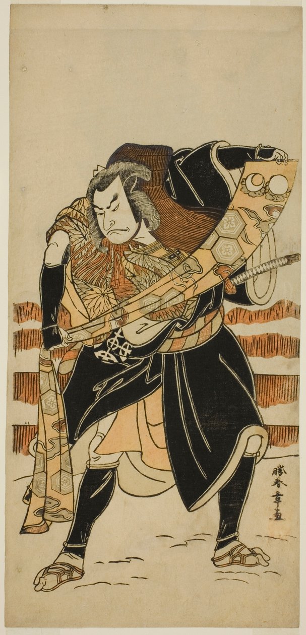Skådespelaren Nakamura Nakazo I som Abe no Sadato (?) i Play Date Nishiki Tsui no Yumitori (?), framförd på Morita Theatre (?) i elfte månaden, 1778 (?) av Katsukawa Shunsho