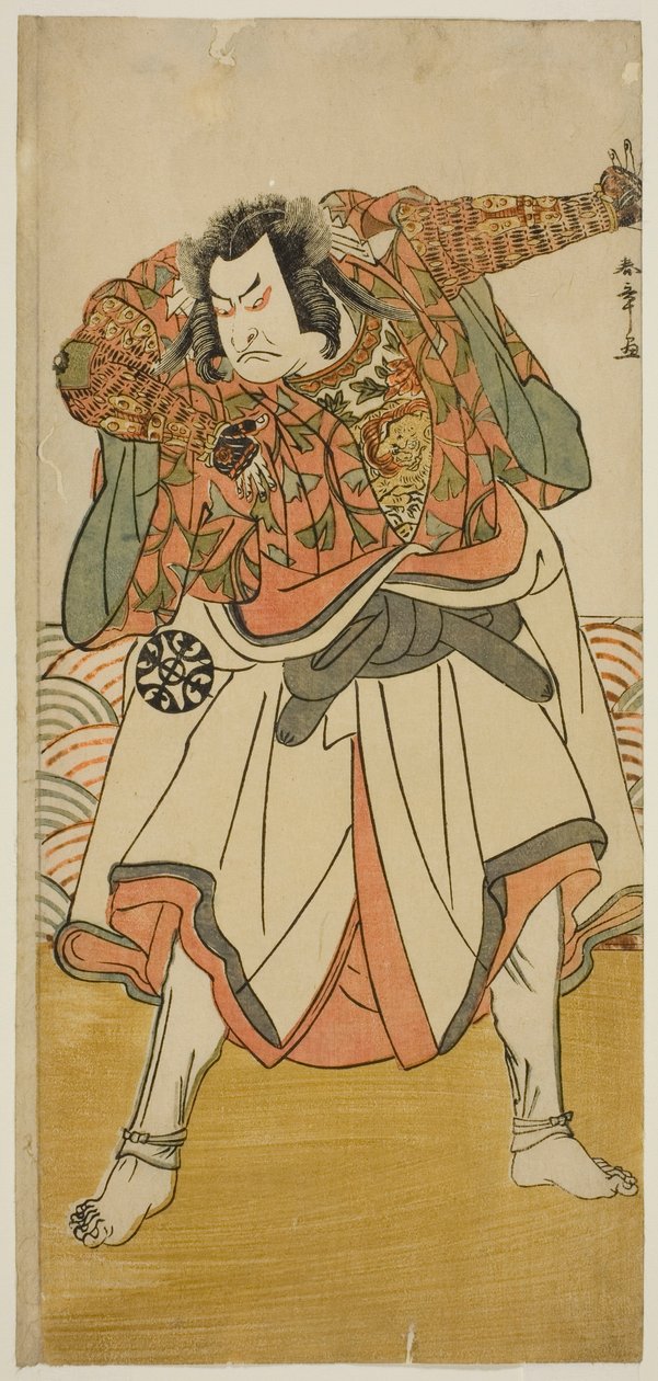 Skådespelaren Nakamura Nakazo I som Chinzei Hachiro Tametomo förklädd till en asketisk munk, i pjäsen Kitekaeru Nishiki no Wakayaka, framförd på Nakamura Theatre under elfte månaden, 1780 av Katsukawa Shunsho