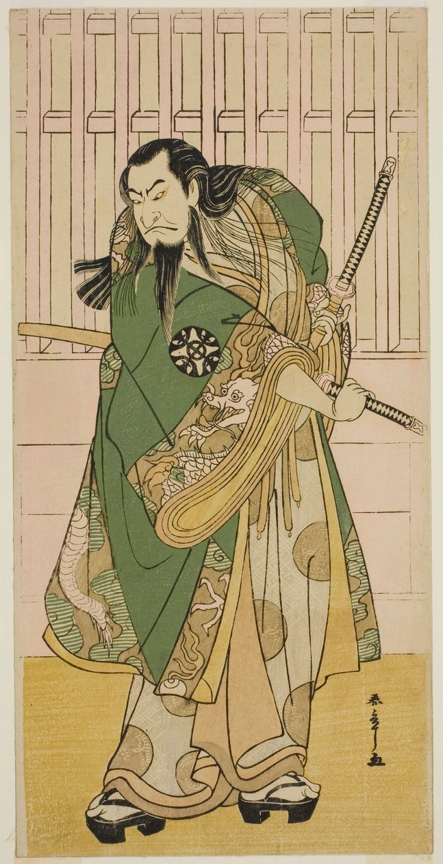 Skådespelaren Nakamura Nakazo I som Hige no Ikyu i pjäsen Nanakusa Yosooi Soga, framförd på Nakamura Theatre i den femte månaden, 1782 av Katsukawa Shunsho
