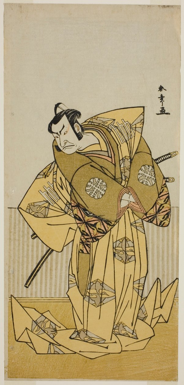 Skådespelaren Nakamura Nakazo I som Kudo Sukestune (?) i pjäsen Kokimazete Takao Soga (?), framförd på Ichimura-teatern (?) under andra månaden, 1778 av Katsukawa Shunsho