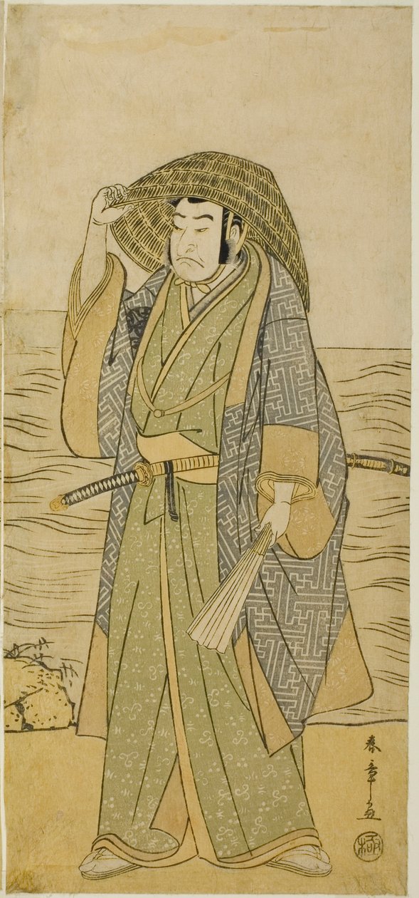 Skådespelaren Nakamura Nakazo I som Kume no Heinaizaemon förklädd till spåmannen Kosaka Jinnai i pjäsen Kotobuki Banzei Soga, framförd på Ichimura-teatern i den femte månaden, 1783 av Katsukawa Shunsho