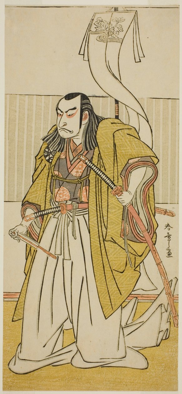 Skådespelaren Nakamura Nakazo I som Kusunoki Masayuki förklädd till Uji no Joetsu, i pjäsen Go Taiheiki Shirishi-banashi, framförd på Morita-teatern den fjärde månaden, 1780 av Katsukawa Shunsho