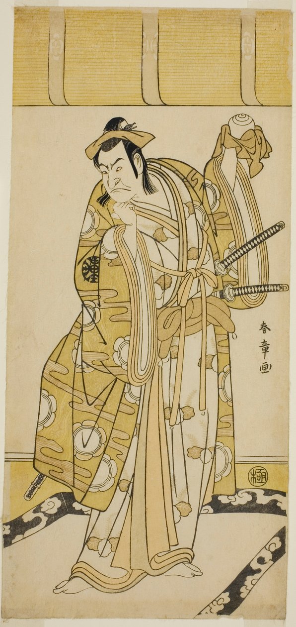 Skådespelaren Nakamura Nakazo I som Nagao Terutora i pjäsen Kuruma-gakari Tekuda no Gumbai, som spelades på Ichimura-teatern under den elfte månaden, av Katsukawa Shunsho