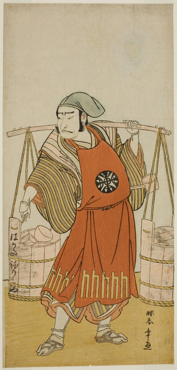 Skådespelaren Nakamura Nakazo I som Nagasaki Kageyuzaemon förklädd till Gorohachi the Sake Seller, i pjäsen Hikitsurete Yagoe Taiheiki, framförd på Morita Theatre i den elfte månaden, 1776 av Katsukawa Shunsho