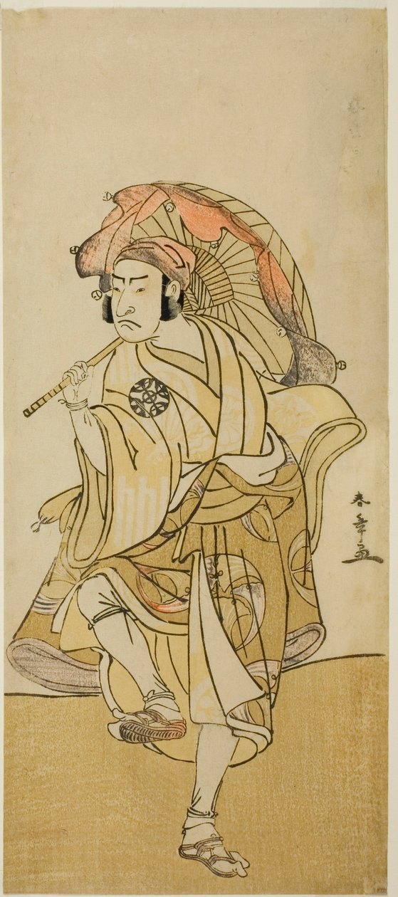 Skådespelaren Nakamura Nakazo I som Onmaya Kisanda förklädd till lejondansaren Kakubei i pjäsen Chigo Torii Tobiiri Kitsune, framförd på Ichimura-teatern under elfte månaden, 1777 av Katsukawa Shunsho