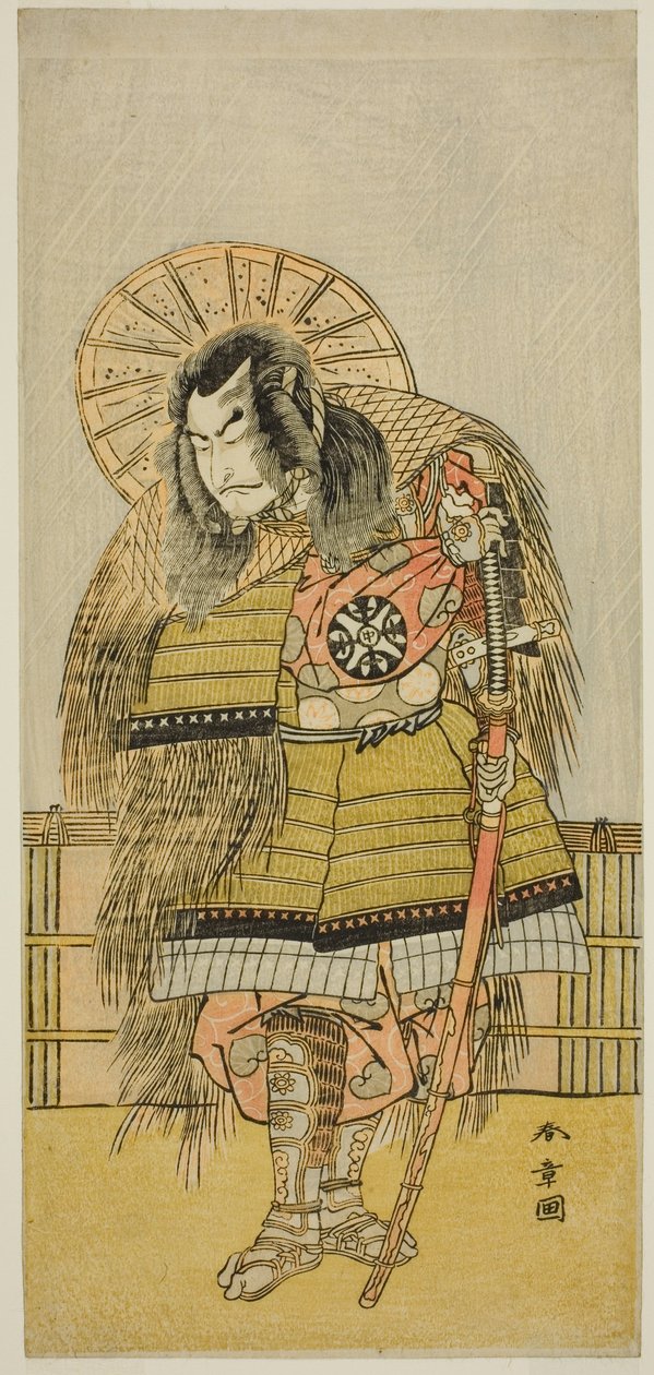 Nakamura Nakazo I som Takechi Jubei Mitsuhide i pjäsen Shusse Taiheiki, uppförd på Nakamura Theatre under den åttonde månaden, av Katsukawa Shunsho