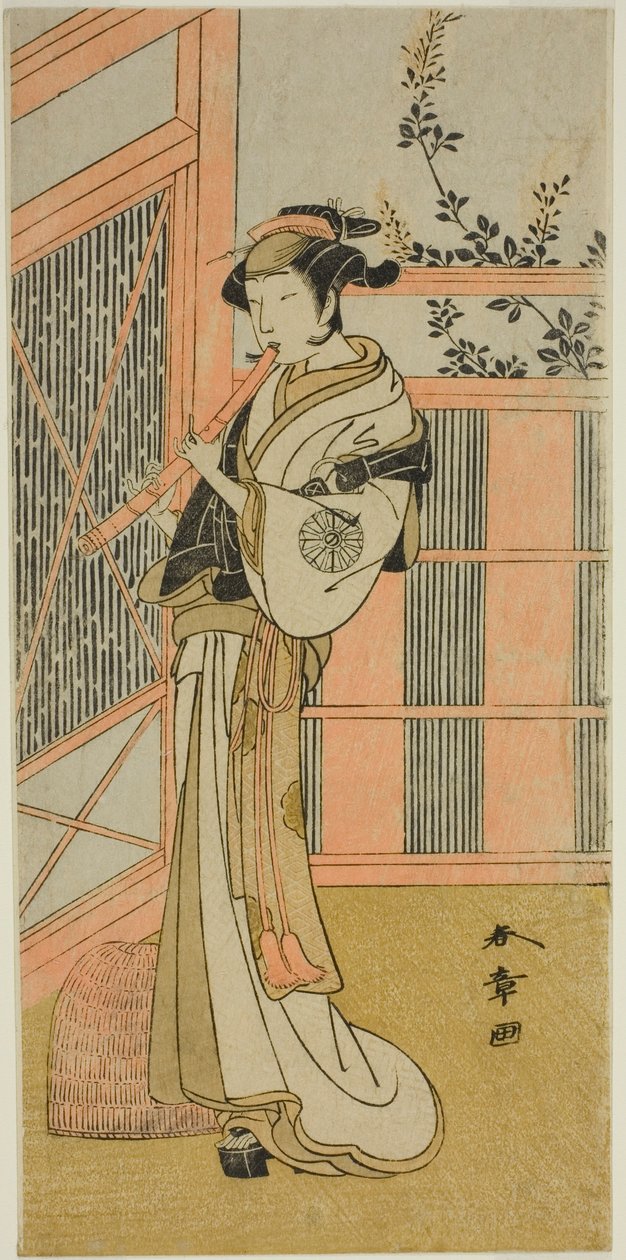 Skådespelaren Nakamura Noshio I som Misao förklädd till en Komuso i pjäsen Kosode-gura no Tekubari, framförd på Morita-teatern under andra månaden, 1772 (?) av Katsukawa Shunsho