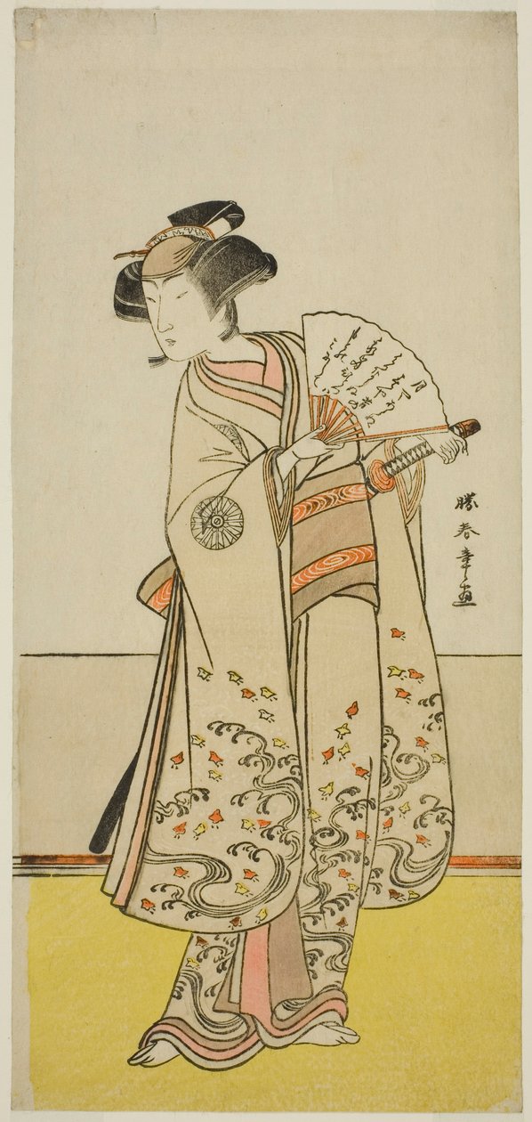 Skådespelaren Nakamura Noshio I som Oiso no Tora (?) i pjäsen Shida Yuzuriha Horai Soga (?), framförd på Morita Theatre (?) under den första månaden, 1775 (?) av Katsukawa Shunsho