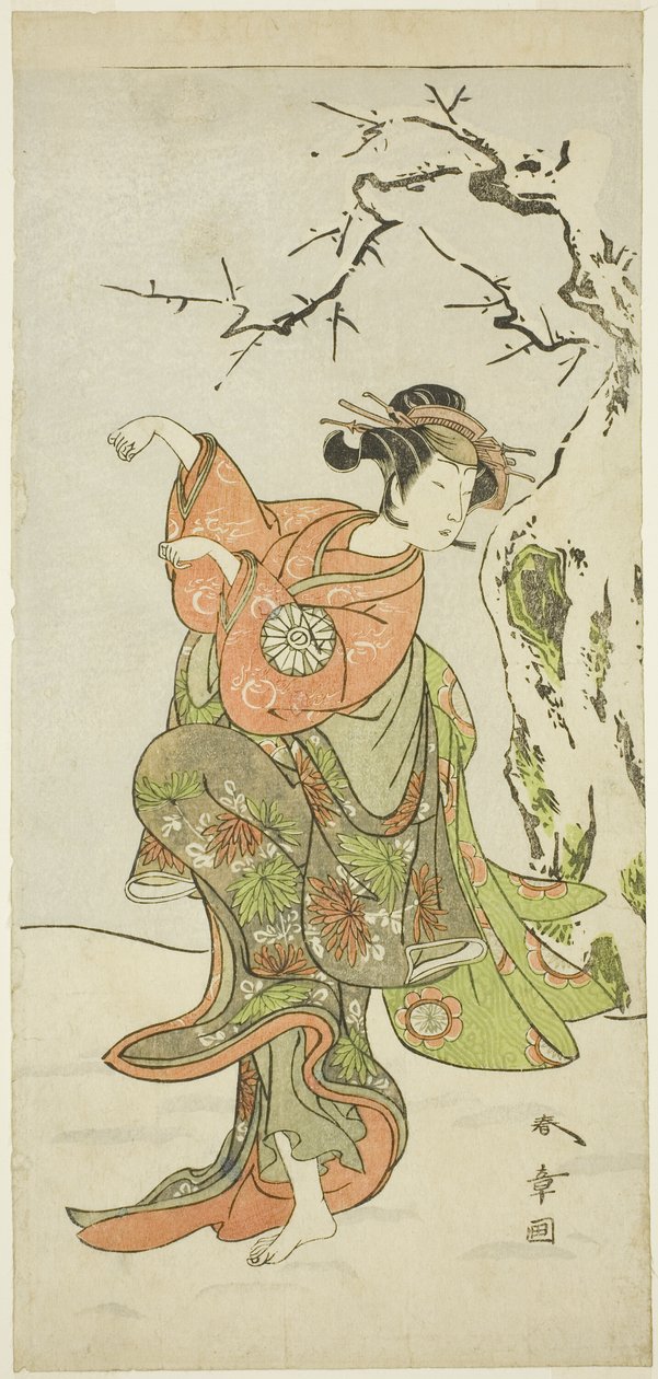 Skådespelaren Nakamura Noshio I som rävfrun från Furui, i en danssekvens (Shosagoto) i del två av pjäsen Izu-goyomi Shibai no Ganjitsu (Izu-kalenderns första föreställningsdag), framförd på Morita-teatern från den första Dag den elfte mån av Katsukawa Shunsho