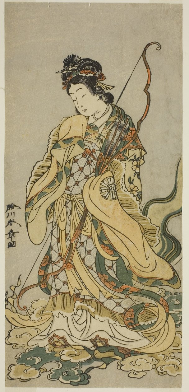Skådespelaren Nakamura Noshio I som gudinnorna Benzaiten från Enoshima i pjäsen Onno Aruji Hatsuyuki no Sekai, uppförd på Morita Theater under den elfte månaden, ca 1773 (färgtryck i trä; hosoban) av Katsukawa Shunsho