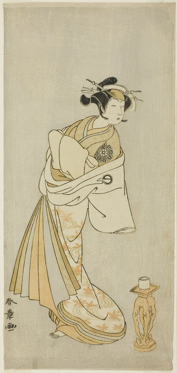 Skådespelaren Nakamura Noshio I som kurtisanen Takaos ande, i Shosagoto-danssekvensen "Sono Utsushi-e Matsu ni Kaede" (En skuggbild av tall och lönn), den sista scenen i del två av pjäsen Keisei Momiji no Uchikake (Courtesan i en Over-K av Katsukawa Shunsho
