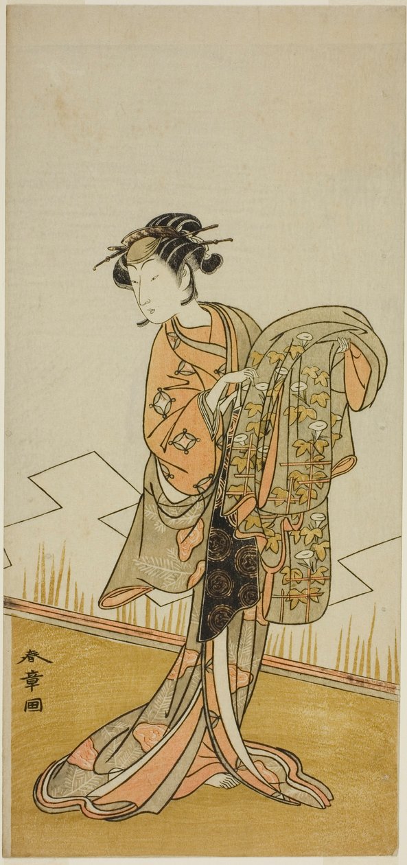 Skådespelaren Nakamura Riko I som kurtisan Wakamatsu (?) i pjäsen Gohiiki Kanjincho (?), framförd på Nakamura Theatre (?) under elfte månaden, 1773 (?) av Katsukawa Shunsho
