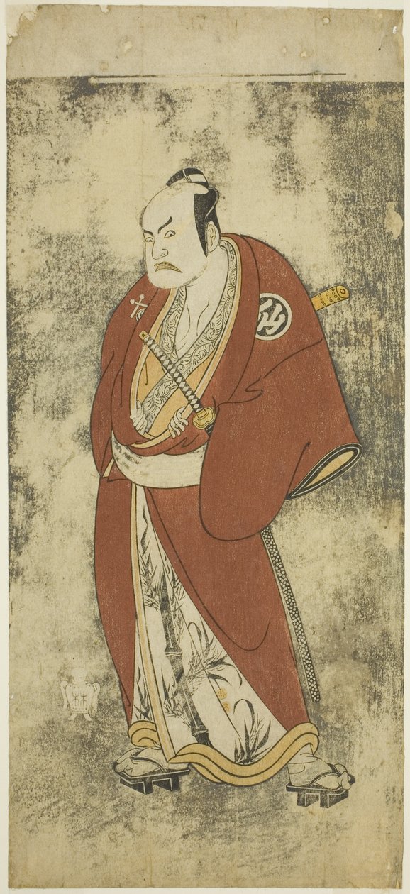 Skådespelaren Nakamura Sukegoro II som Kaminari Shokuro i Joruri "Gonin Otoko" (Fem ridderliga allmänningar), spelade som en akt i Ayatsuri Kabuki Ogi (Mastery of the Fan in Kabuki), framförd på Nakamura Theatre från den tjugonde dagen av Sjunde av Katsukawa Shunsho