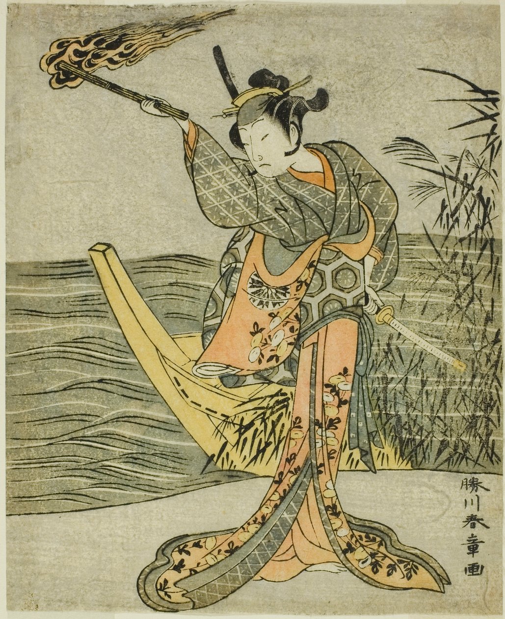 Skådespelaren Nakamura Tomijuro I som Nagoya Osan i pjäsen Fuki Kaete Tsuki mo Yoshiwara (Rethatched Roof: The Moon also Shines Over the Yoshiwara Pleasure District), framförd på Morita Theatre i den elfte månaden, 1771 av Katsukawa Shunsho