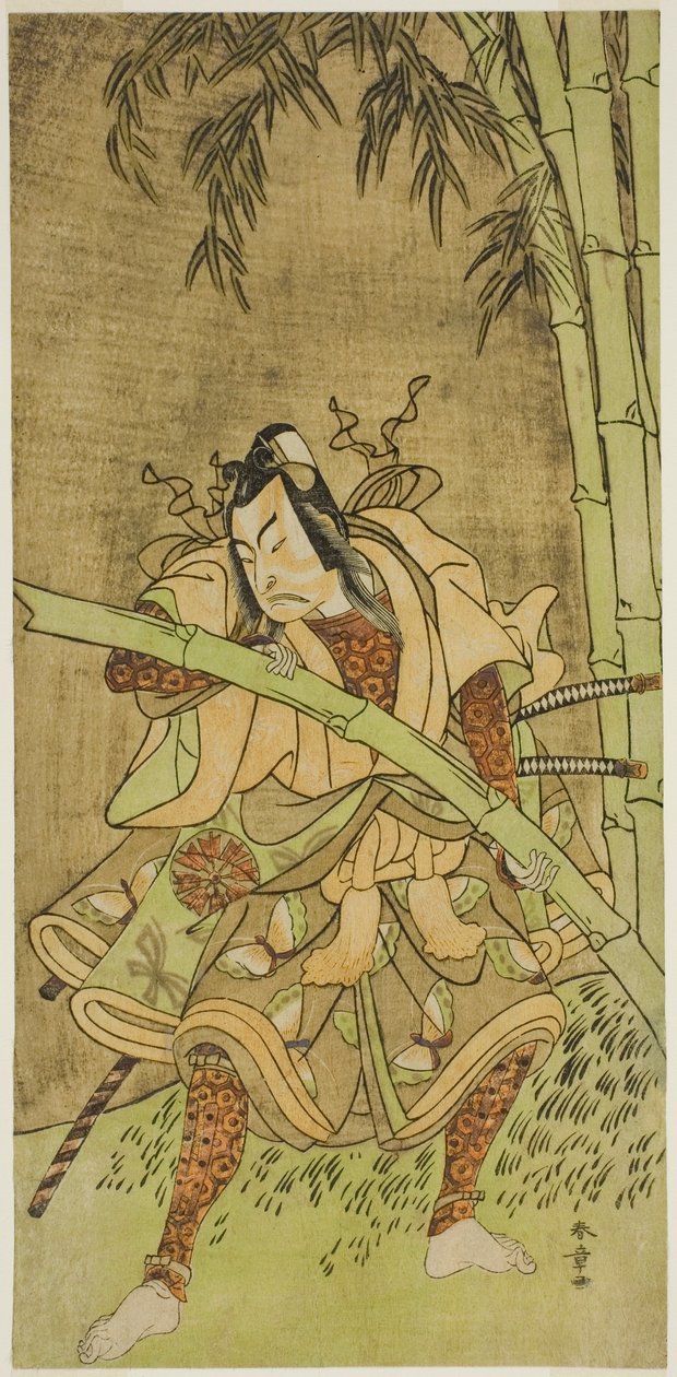 Skådespelaren Nakamura Tomijuro I som Takenuki Goro i pjäsen Eho Soga Nen-nen-goyomi, framförd på Morita Theatre under den första månaden, 1771 av Katsukawa Shunsho