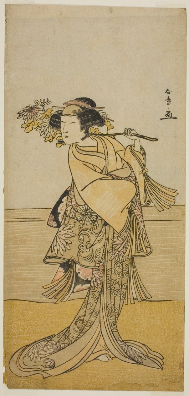 Skådespelaren Nakamura Tomijuro I som en rävhona från berget Ubagadake i pjäsen Chigo Torii Tobiiri Kitsune, framförd på Ichimura-teatern under elfte månaden, 1777 av Katsukawa Shunsho