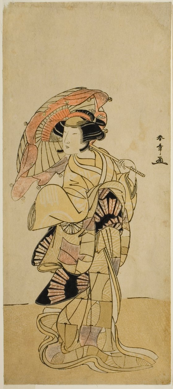 Skådespelaren Nakamura Tomijuro I som en rävhona från berget Ubagadake i pjäsen Chigo Torii Tobiiri Kitsune, framförd på Ichimura-teatern under elfte månaden, 1777 av Katsukawa Shunsho