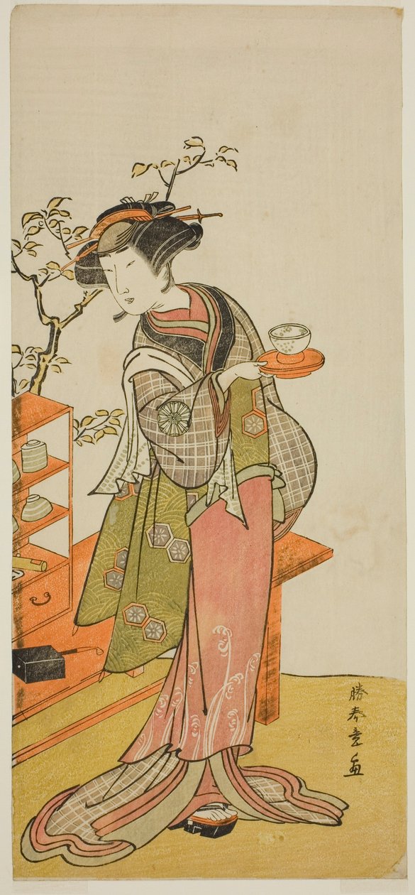 Skådespelaren Nakamura Tomijuro I som servitrisen Otake i pjäsen Chigo Suzuri Aoyagi Soga, framförd på Nakamura Theatre under den första månaden, 1777 av Katsukawa Shunsho