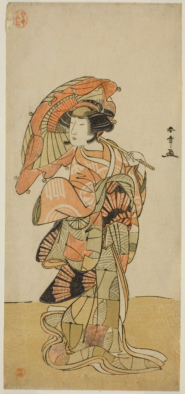 Skådespelaren Nakamura Tomijuro I som rävhonan från berget Ubagadake i pjäsen "Chigo Torii Tobiiri Kitsune", uppträdde på Ichimura Theatre i elfte månaden 1777 av Katsukawa Shunsho