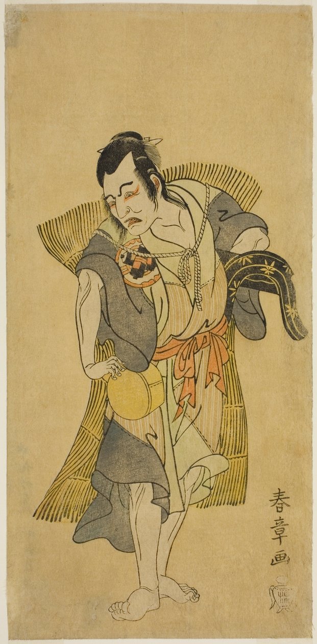 Skådespelaren Nakamura Utaemon I som Kudo Suketsune förklädd till en tiggare i pjäsen Soga Moyo Aigo no Wakamatsu, framförd på Nakamura Theatre under den första månaden, 1769 av Katsukawa Shunsho