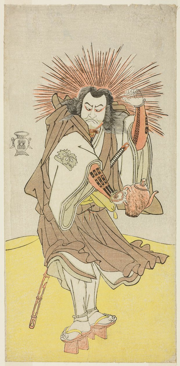 Skådespelaren Nakayama Kojuro VI som Osada no Taro Kagemune (i verkligheten Hatcho Tsubute no Kiheiji), i skepnad av en lamptändare vid Gion Shrine, i akt tre från del ett av pjäsen Yukimotsu Take Furisode Genji (Snötäckt bambu: Genji i långa ärmar), av Katsukawa Shunsho