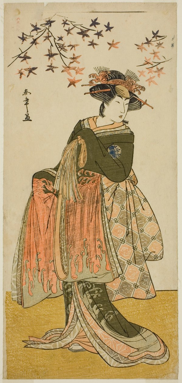 Skådespelaren Nakayama Tomisaburo I som Geisha Yukino (eller Oyuki?) i pjäsen Kabuki no Hana Bandai Soga, framförd på Ichimura-teatern den fjärde månaden, 1781 av Katsukawa Shunsho