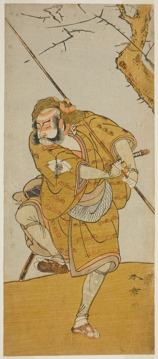 Skådespelaren Onoe Matsusuke I som Kobayashi no Asahina förklädd till en fågelfångare i pjäsen Edo no Haru Meisho Soga, framförd på Ichimura-teatern den tredje månaden, 1773 av Katsukawa Shunsho