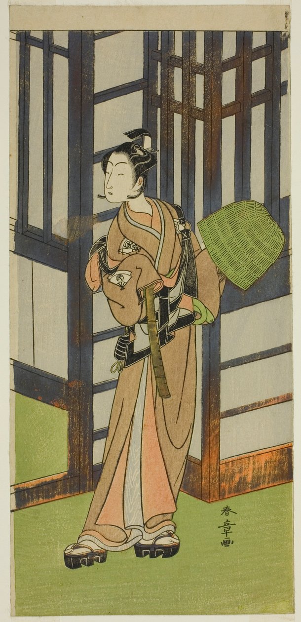 Skådespelaren Onoe Tamizo I som Kewaizaka no Shosho förklädd till en Komuso i pjäsen Furisode Kisaragi Soga, framförd på Ichimura Theatre i den andra månaden, 1772 av Katsukawa Shunsho