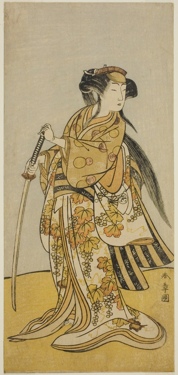 Skådespelaren Onoe Tamizo I som Kureha (?) i pjäsen Shusse Taiheiki (?), framförd på Nakamura-teatern (?) den åttonde månaden, 1775 (?) av Katsukawa Shunsho