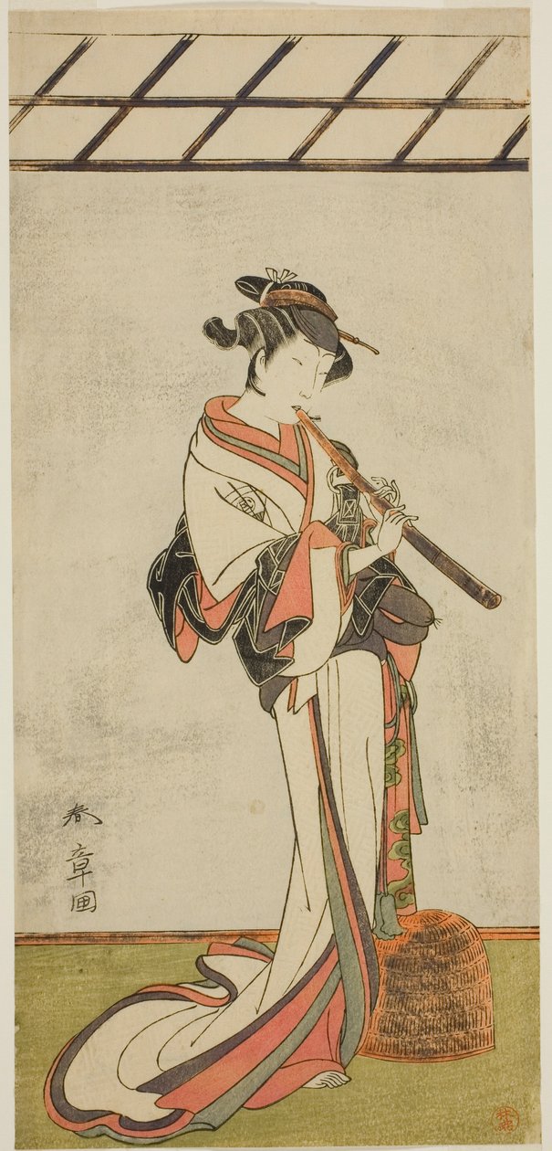 Skådespelaren Onoe Tamizo I som Oiso no Tora eller Kewaizaka no Shosho, förklädd till en kvinnlig Komusu (?), i pjäsen Yui Kanoko Date-zome Soga (?), framförd på Ichimura Theatre (?) under den första månaden, 1774 (?) av Katsukawa Shunsho