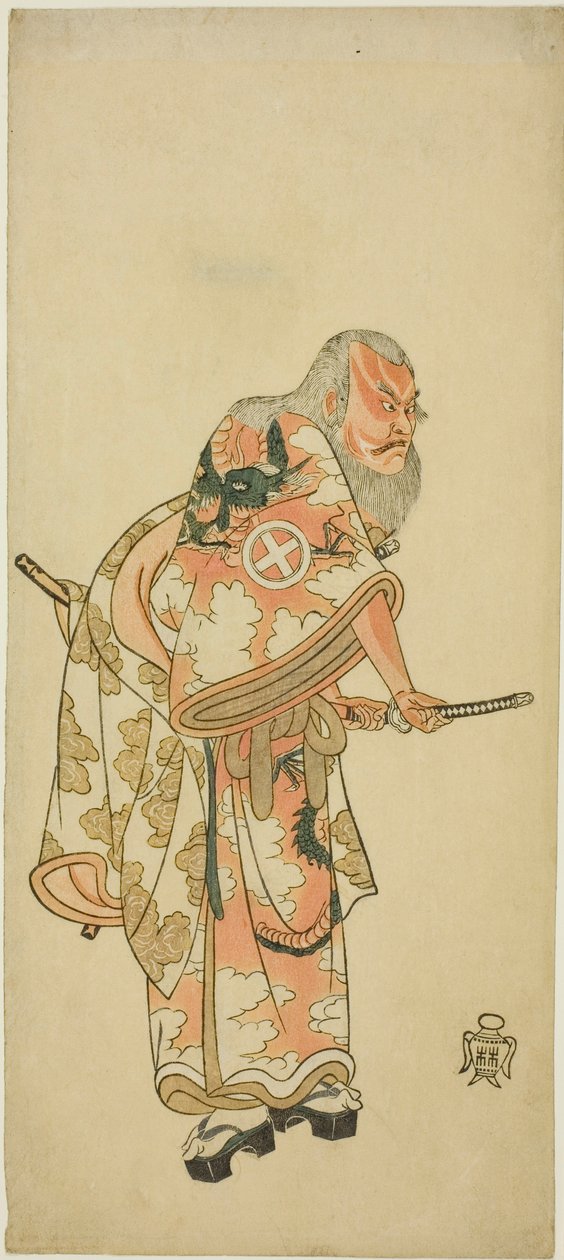 Skådespelaren Otani Hiroemon III som Hige no Ikyu i scenen "Sukeroku" i pjäsen "Hitokidori Harutsuge Soga" av Katsukawa Shunsho