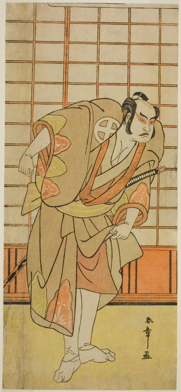 Skådespelaren Otani Hiroji III som Hata no Daizen Taketora förklädd till Shikishima Wakahei i pjäsen Juni-hitoe Komachi-zakura, uppförd på Kiri-teatern i den elfte månaden 1784 av Katsukawa Shunsho