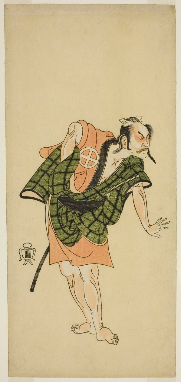 Skådespelaren Otani Hiroji III som Onio Shinzaemon (?) i pjäsen Bunshin Sugatami Soga (?), framförd på Morita Theatre (?) under andra månaden, 1765 (?) av Katsukawa Shunsho