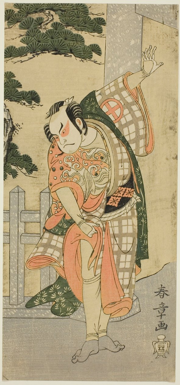 Skådespelaren Otani Hiroji III i en scenpose (Mie) framför en Shrine Gateway av Katsukawa Shunsho