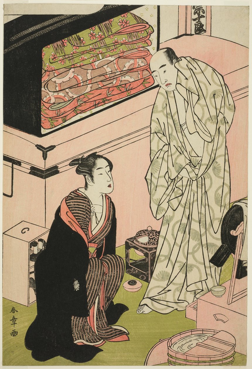 Skådespelaren Sawamura Sojuro III (höger), i samtal med skådespelaren Segawa Kikunojo III (vänster) av Katsukawa Shunsho