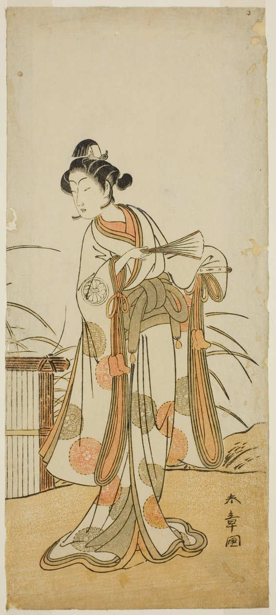 Skådespelaren Segawa Kikunojo III som Aigo no Waka i pjäsen Chigo Sakura Jusan Kane, framförd på Ichimura Theatre i den elfte månaden, 1774 av Katsukawa Shunsho