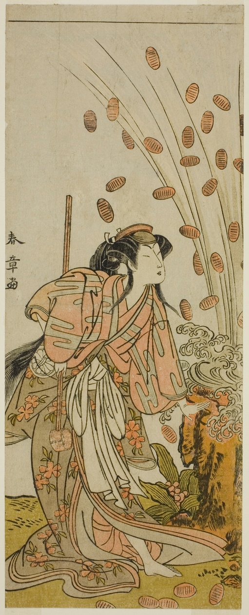 Segawa Kikunojo III som Hito-maru Förklädd till kurtisan Chiyozaki, i Play Cup av Hana Katsuragi no Kane, uppträdde på Ichimura Theatre den tredje månaden av Katsukawa Shunsho