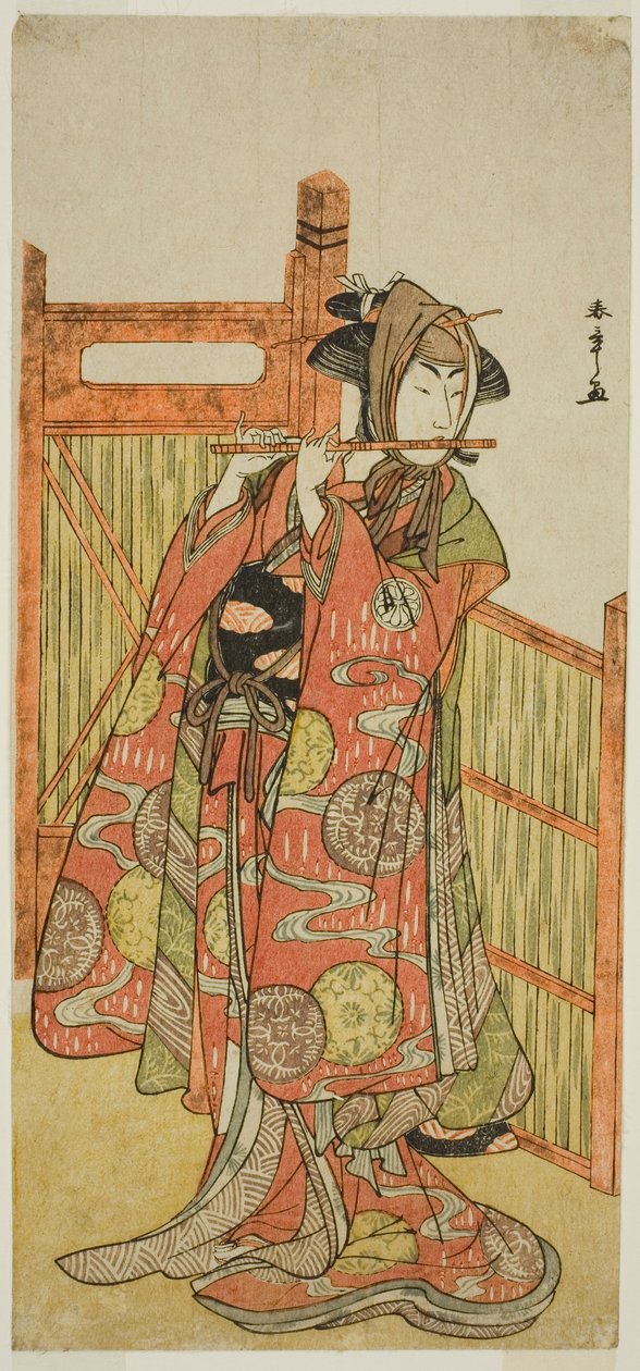 Skådespelaren Segawa Kikunojo III som Kojoro-Gitsune förklädd som blomsterhandlaren Okiku i Play Mure Takamatsu Yuki no Shirahata, uppträdde på Ichimura-teatern i den elfte månaden, 1780 av Katsukawa Shunsho