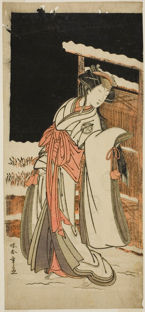 Skådespelaren Segawa Kikunojo III som Lady Shizuka (Shizkua Gozen) förklädd till Tamazusa i pjäsen Chigo Torii Tobiiri Kitsune, framförd på Ichimura-teatern under den elfte månaden, 1777 av Katsukawa Shunsho